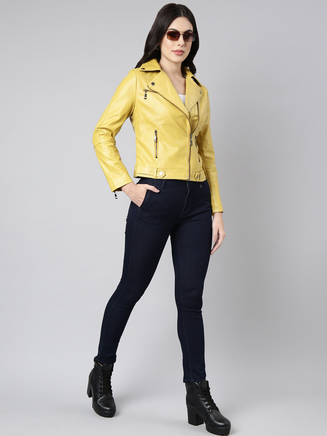 Women's Yellow Lapel Collar Biker Jacket