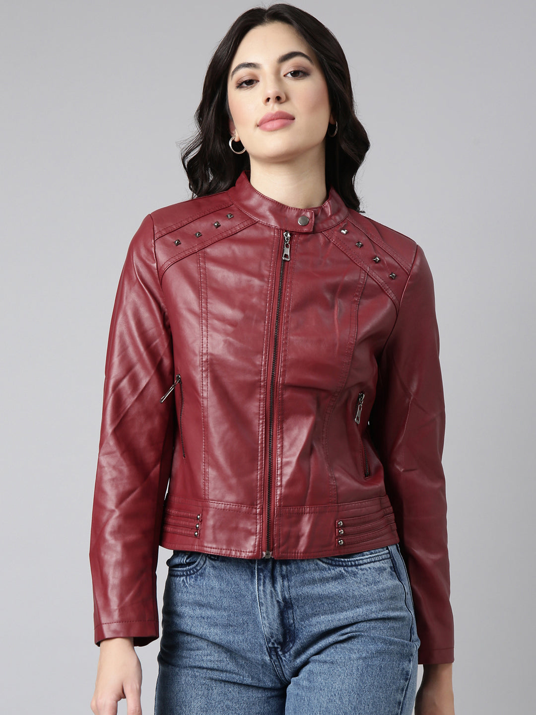 Women's Maroon Crop Biker Jacket