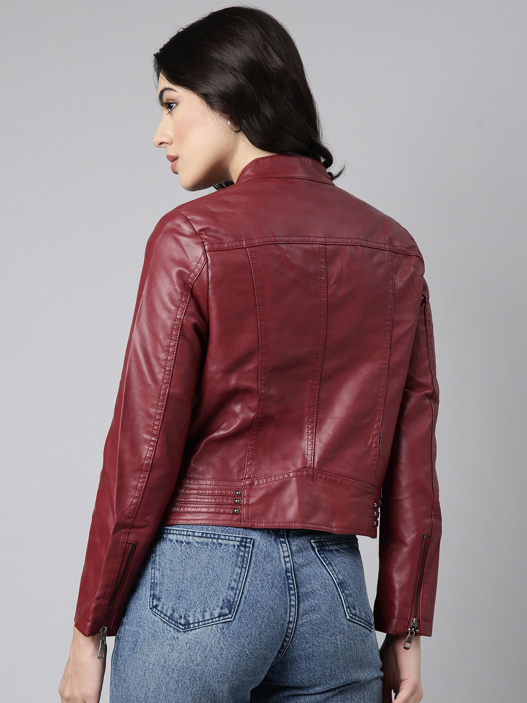 Women's Maroon Crop Biker Jacket