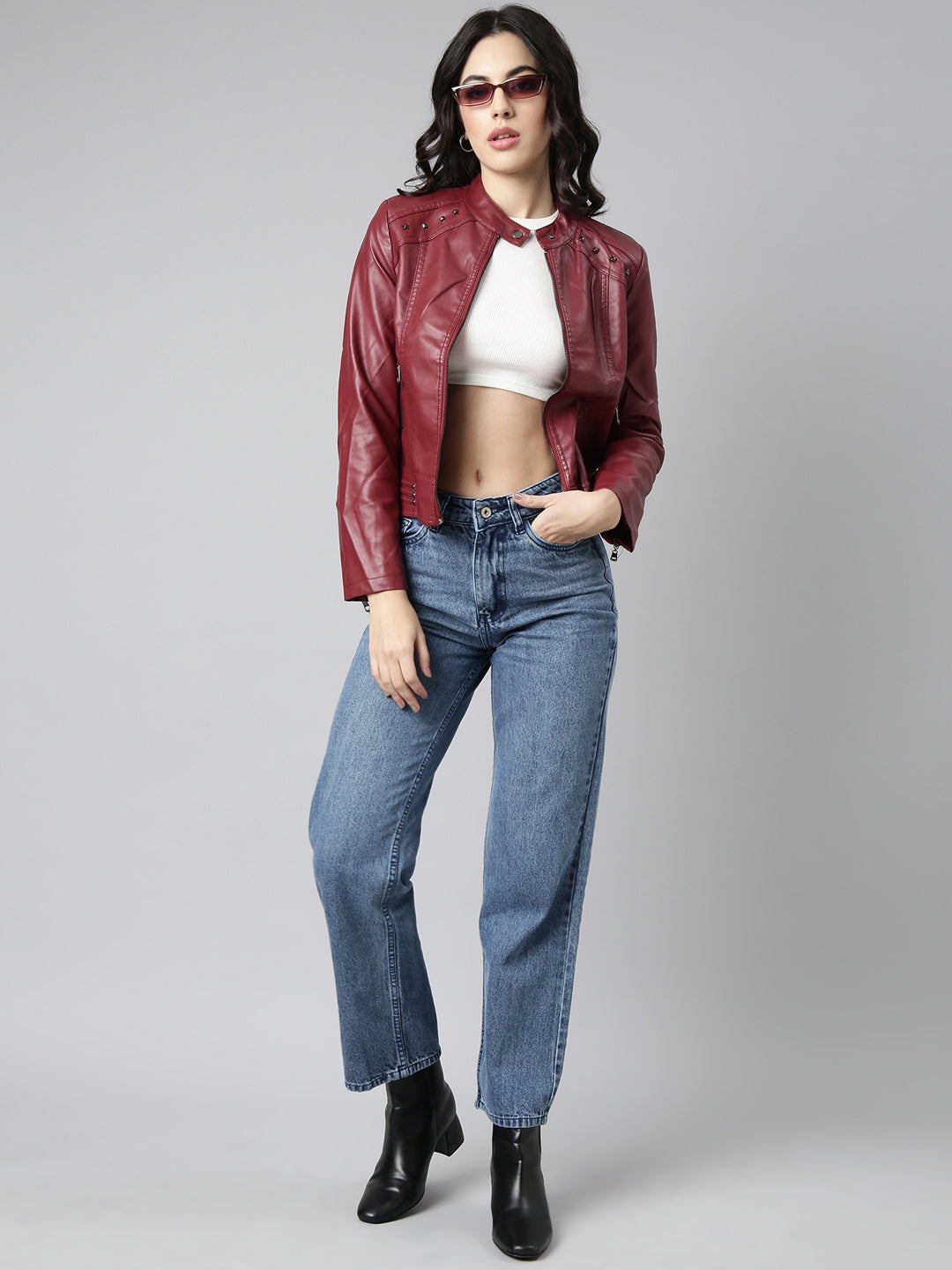 Women's Maroon Crop Biker Jacket