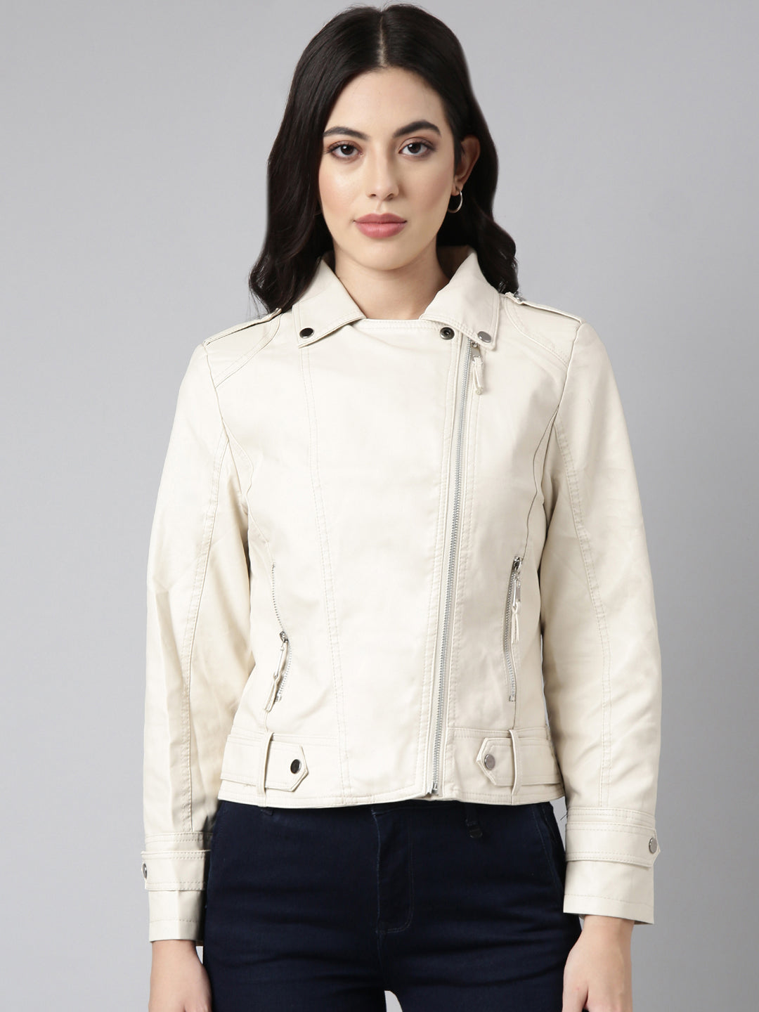 Women's Cream Crop Biker Jacket