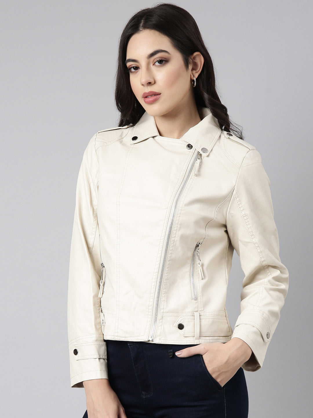 Women's Cream Crop Biker Jacket