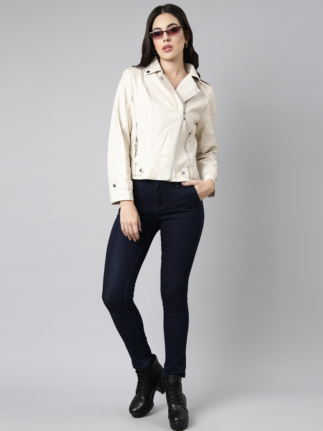 Women's Cream Crop Biker Jacket