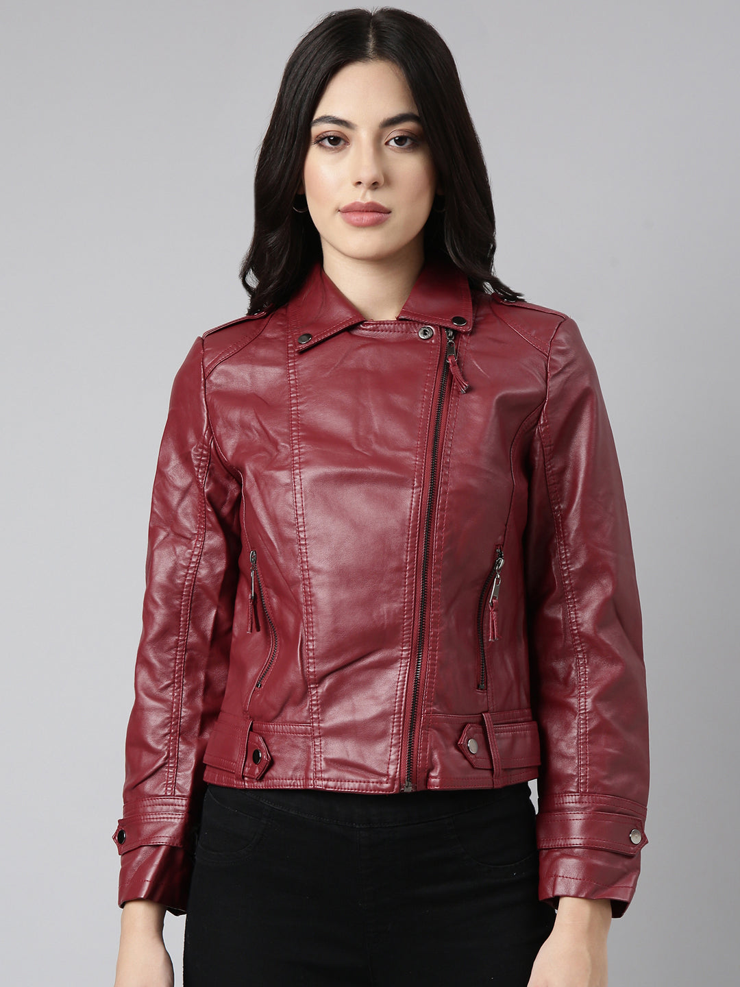 Women's Maroon Crop Biker Jacket