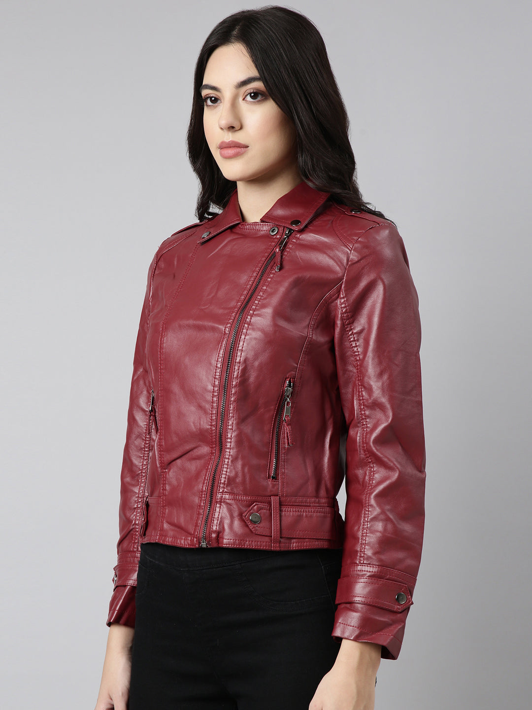 Women's Maroon Crop Biker Jacket