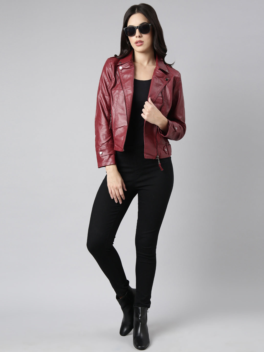 Women's Maroon Crop Biker Jacket