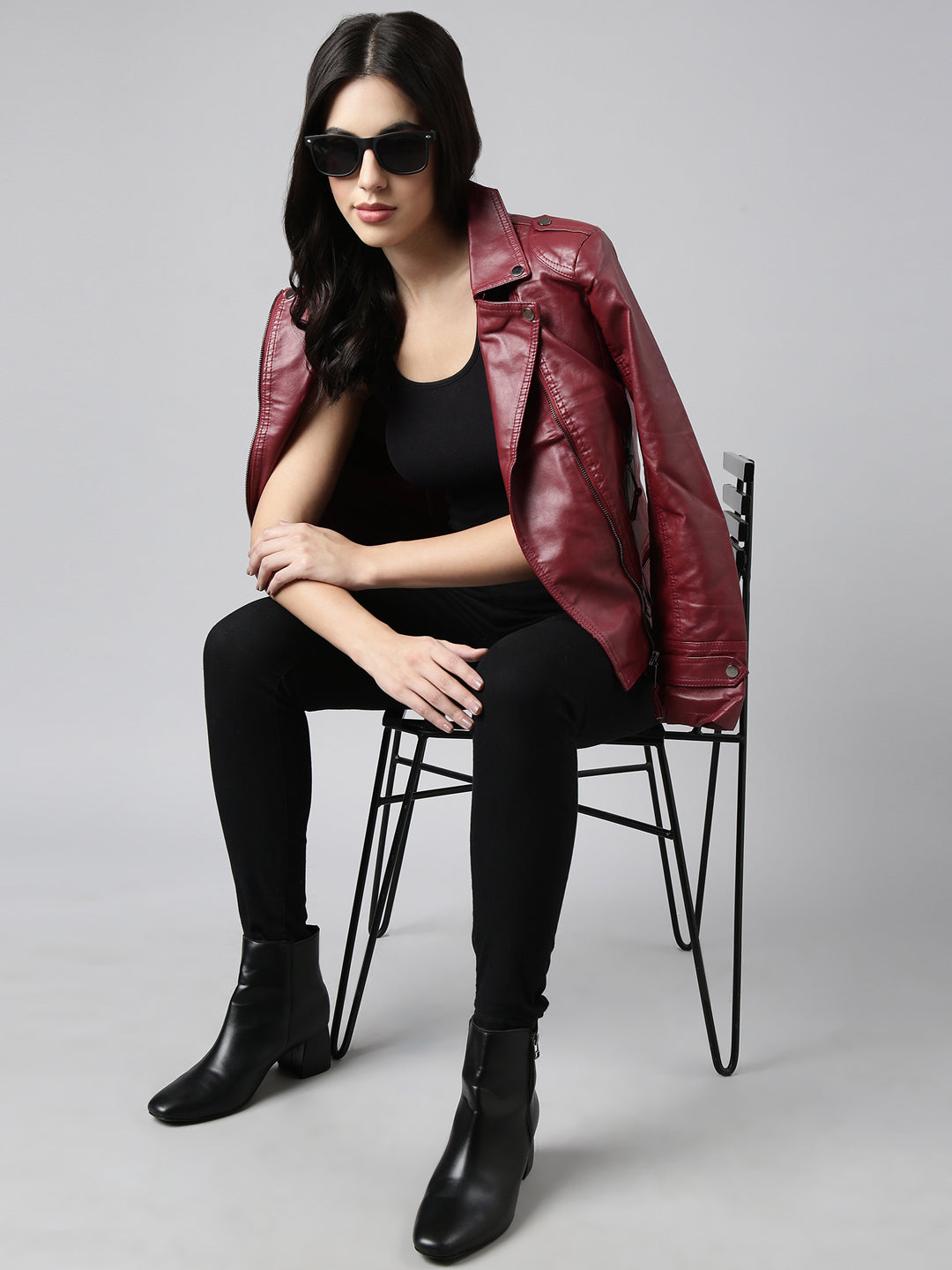 Women's Maroon Crop Biker Jacket