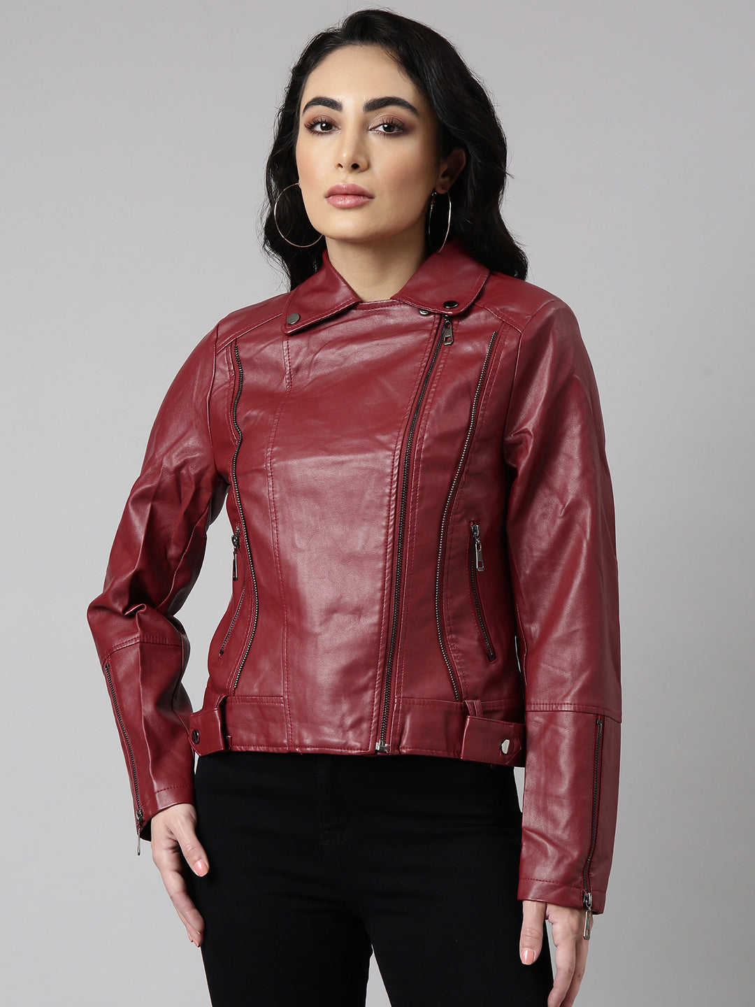 Women's Maroon Lapel Collar Biker Jacket