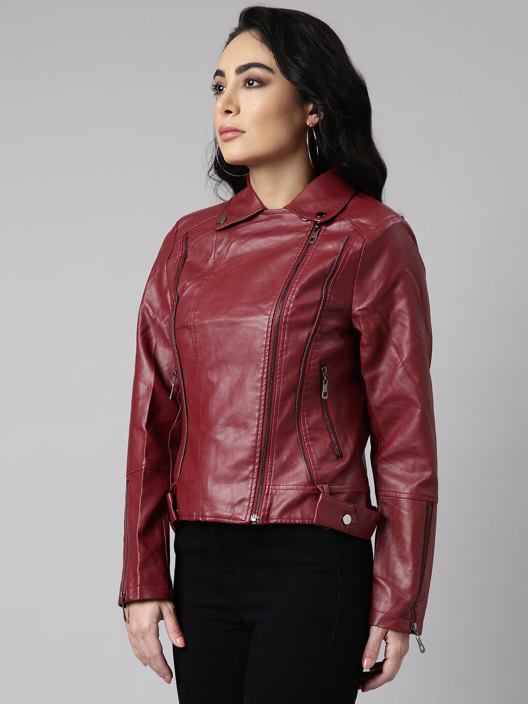 Women's Maroon Lapel Collar Biker Jacket