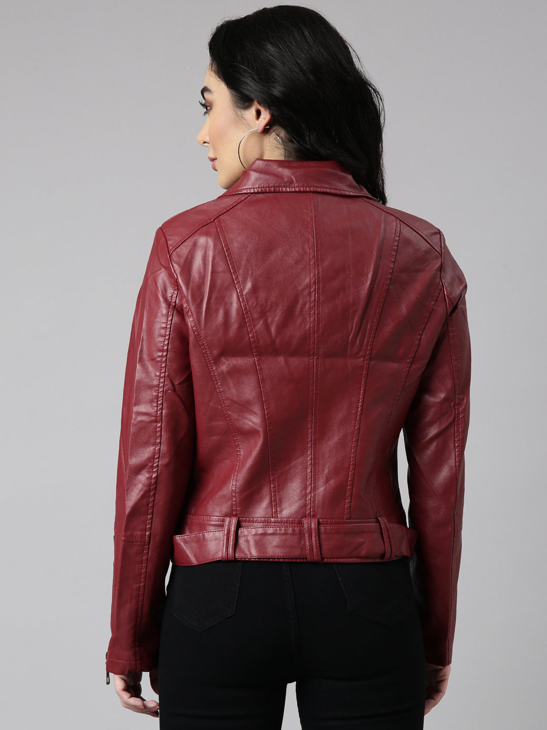 Women's Maroon Lapel Collar Biker Jacket