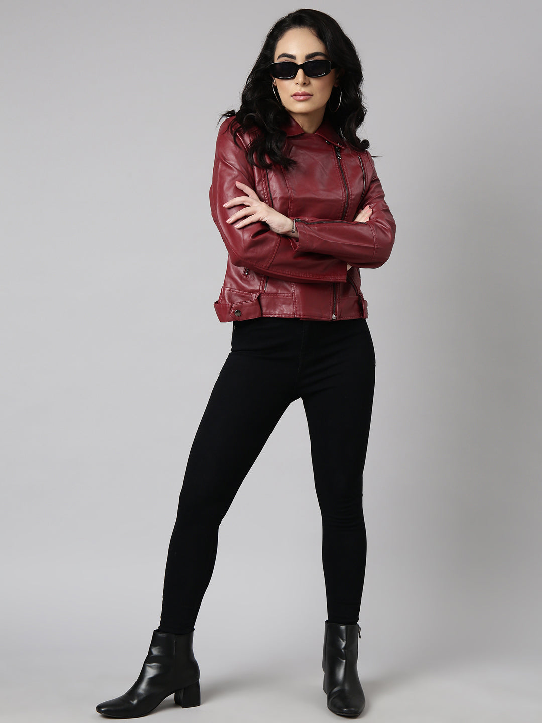 Women's Maroon Lapel Collar Biker Jacket