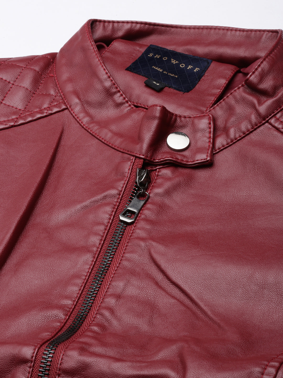 Women's Maroon Stand Collar Crop Biker Jacket
