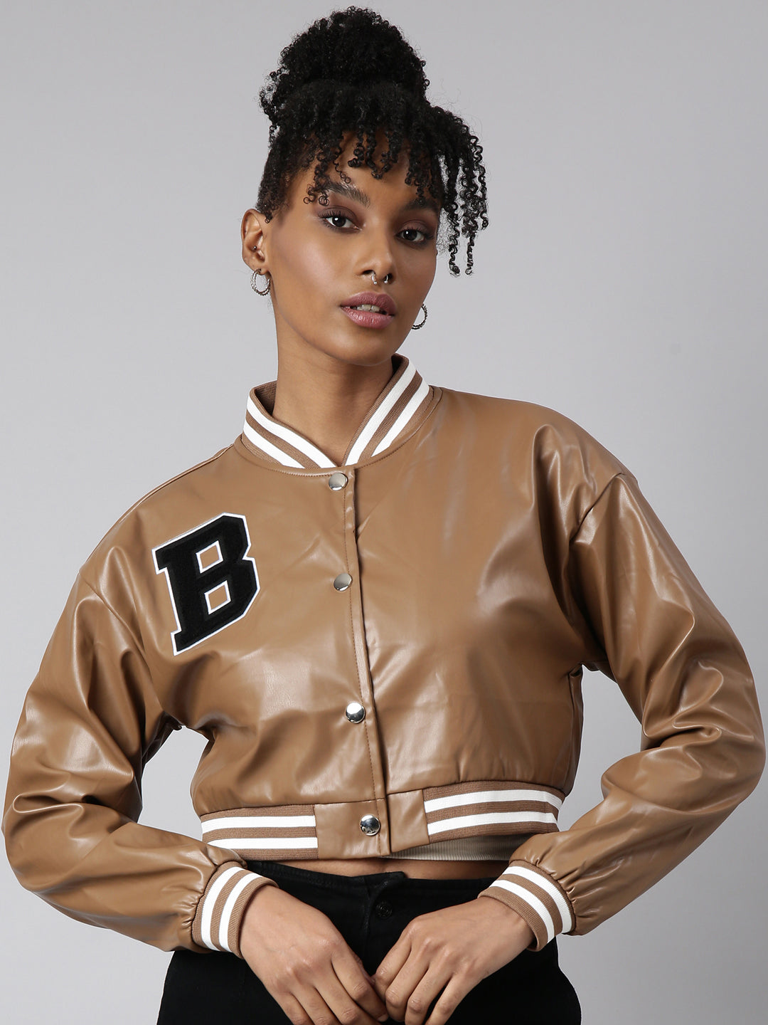 Women's Brown Drop Shoulder Oversized Crop Varsity Jacket
