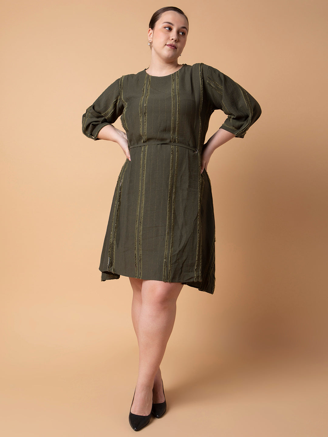 Women's Olive Striped Round Neck Puff Sleeve Cotton Fit and Flare Dress