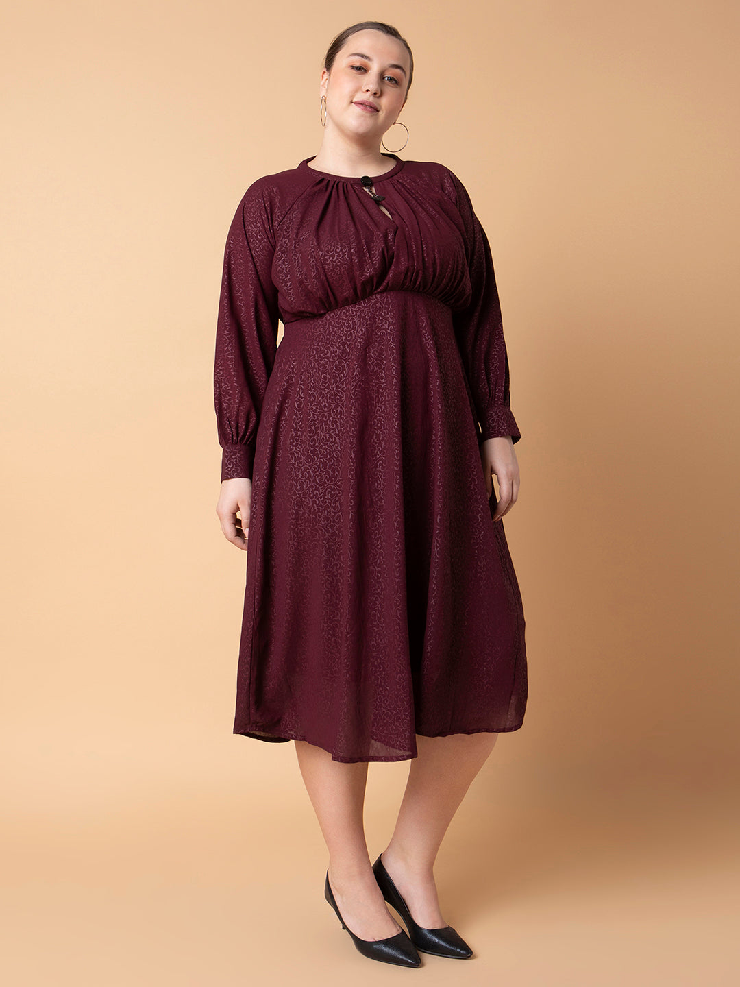 Women's Floral Maroon Fit and Flare Midi Dress
