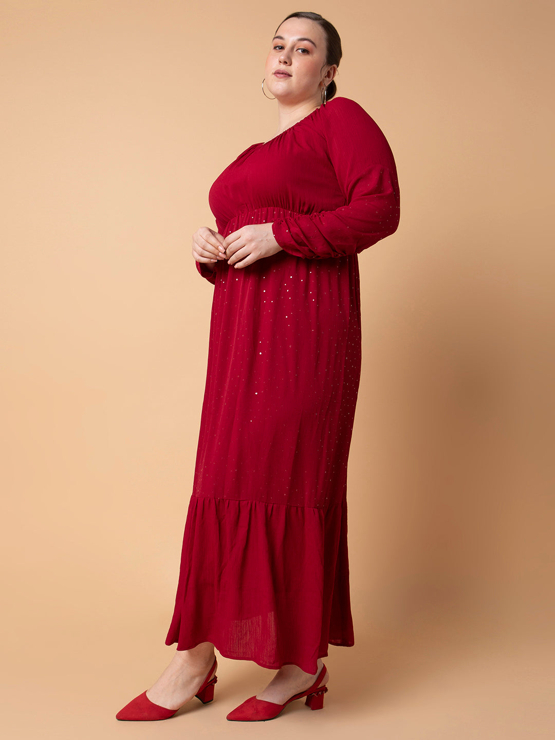 Women's Maroon Fit and Flare Maxi Dress