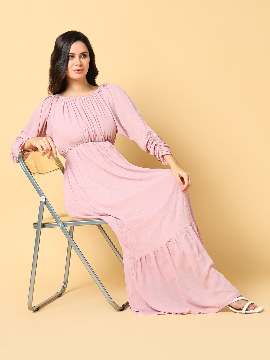 Women's Pink Puff Sleeves Fit & Flare Maxi Dress