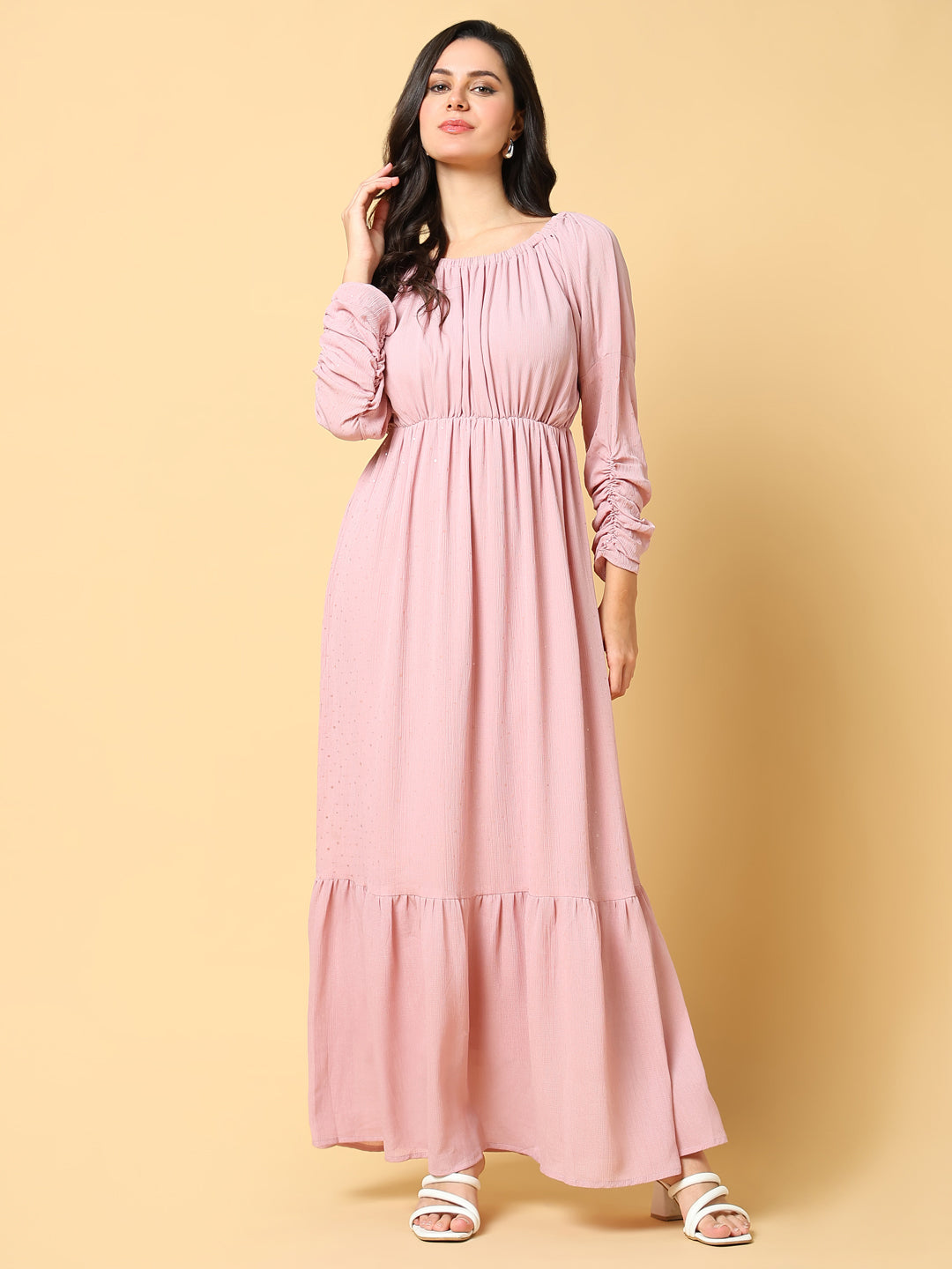Women's Pink Puff Sleeves Fit & Flare Maxi Dress