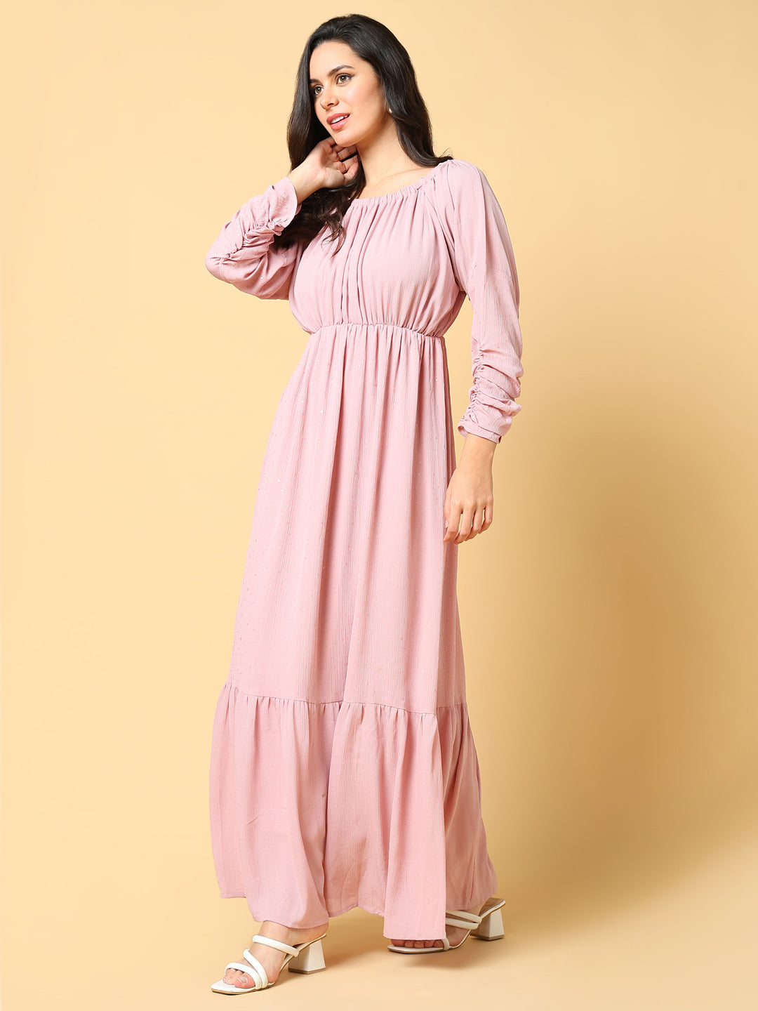 Women's Pink Puff Sleeves Fit & Flare Maxi Dress