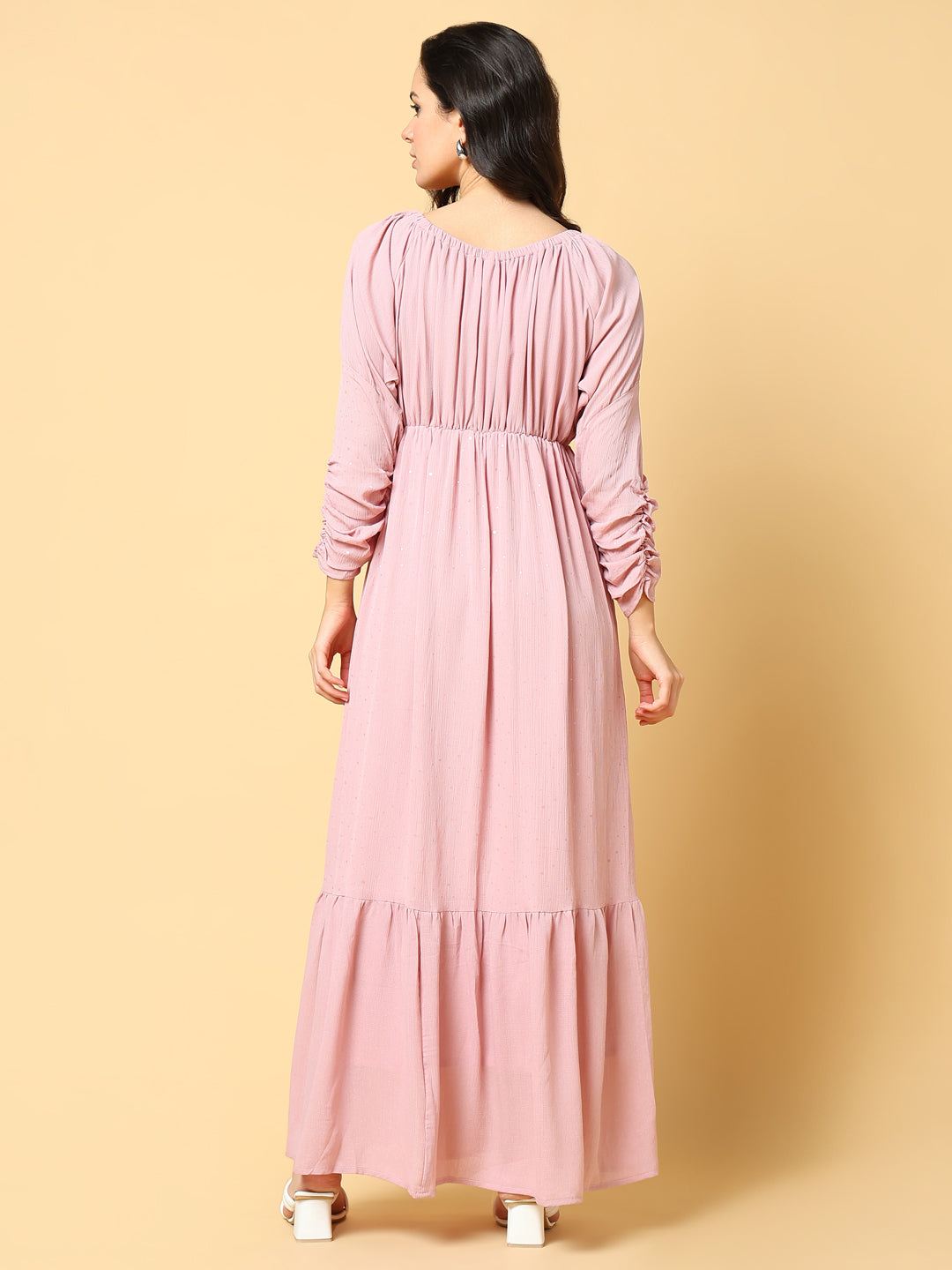 Women's Pink Puff Sleeves Fit & Flare Maxi Dress