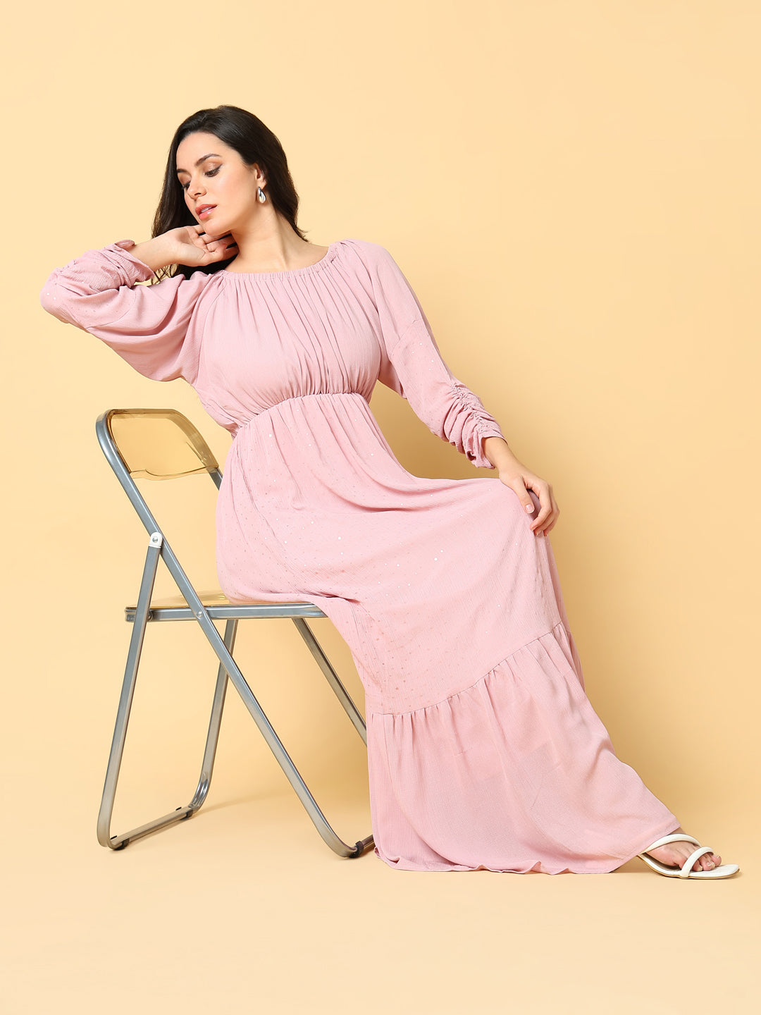 Women's Pink Puff Sleeves Fit & Flare Maxi Dress