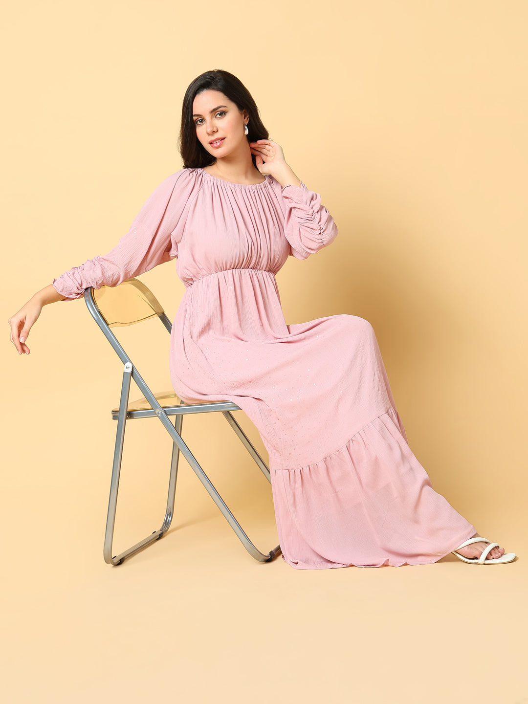 Women's Pink Puff Sleeves Fit & Flare Maxi Dress