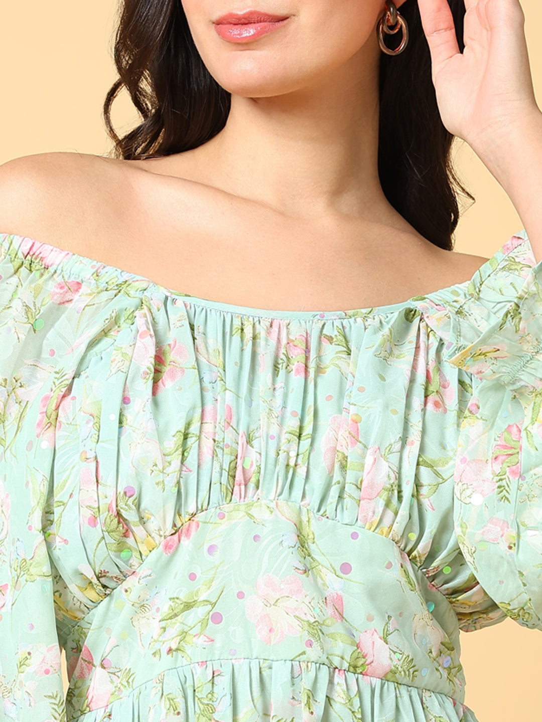 Women's Green Floral Print Off-Shoulder Puff Sleeve Georgette Fit & Flare Maxi Dress