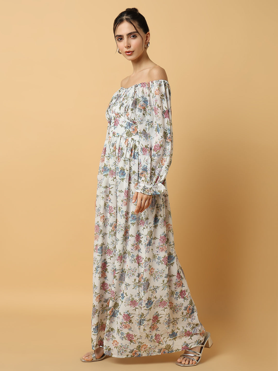 Women's Floral White Maxi Fit and Flare Dress