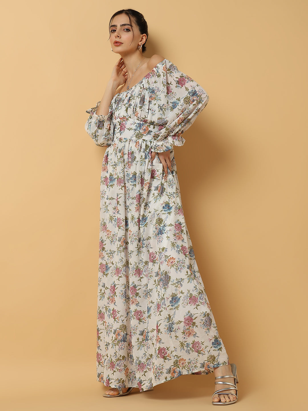 Women's Floral White Maxi Fit and Flare Dress