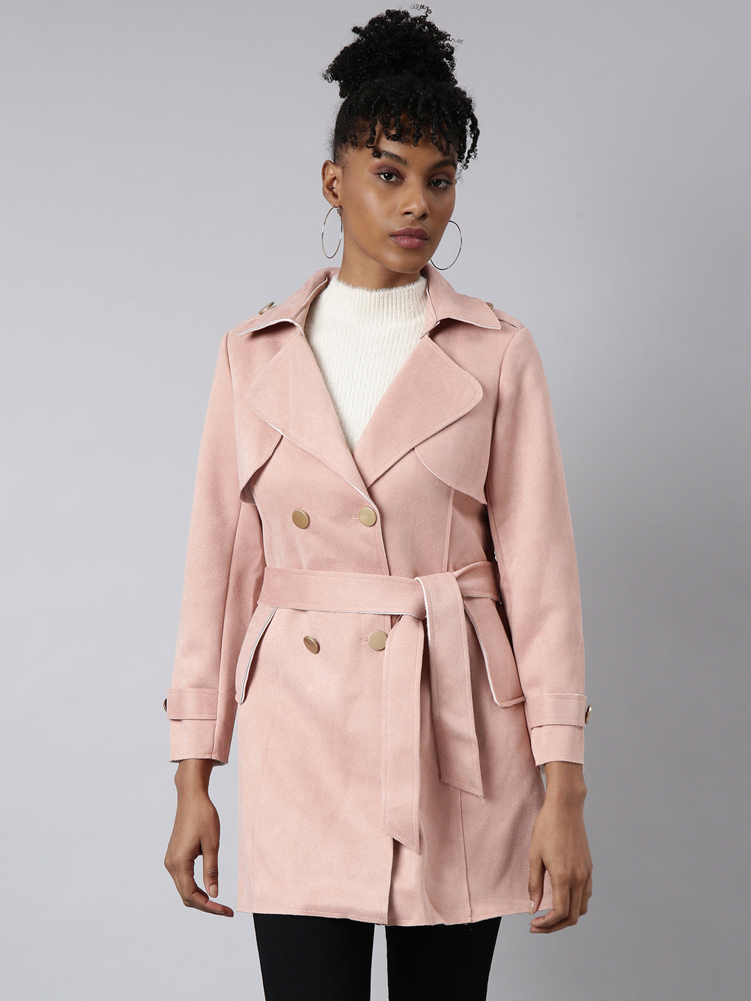 Women's Peach Lapel Collar Longline Trench Coat with Belt