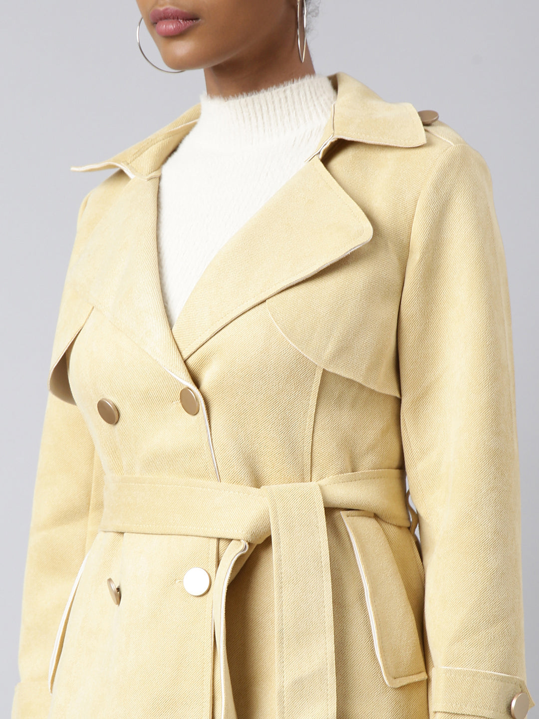 Women's Yellow Notched Lapel Collar Longline Trench Coat