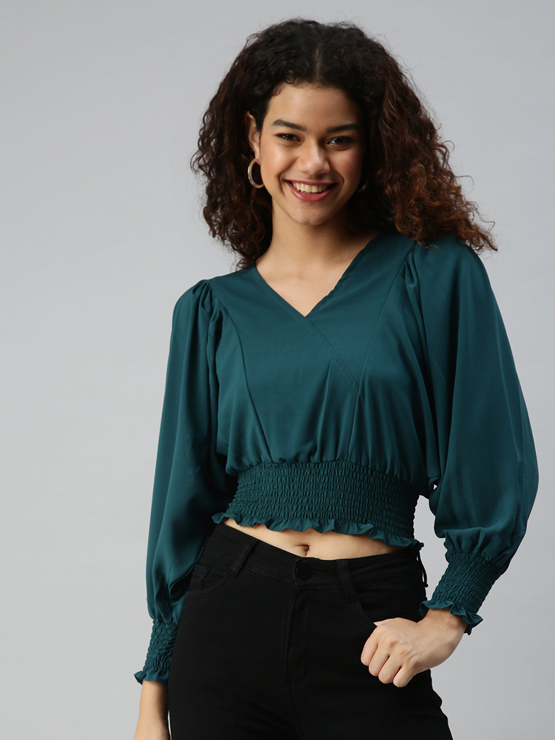 Women's Green Crepe Blouson Crop Top