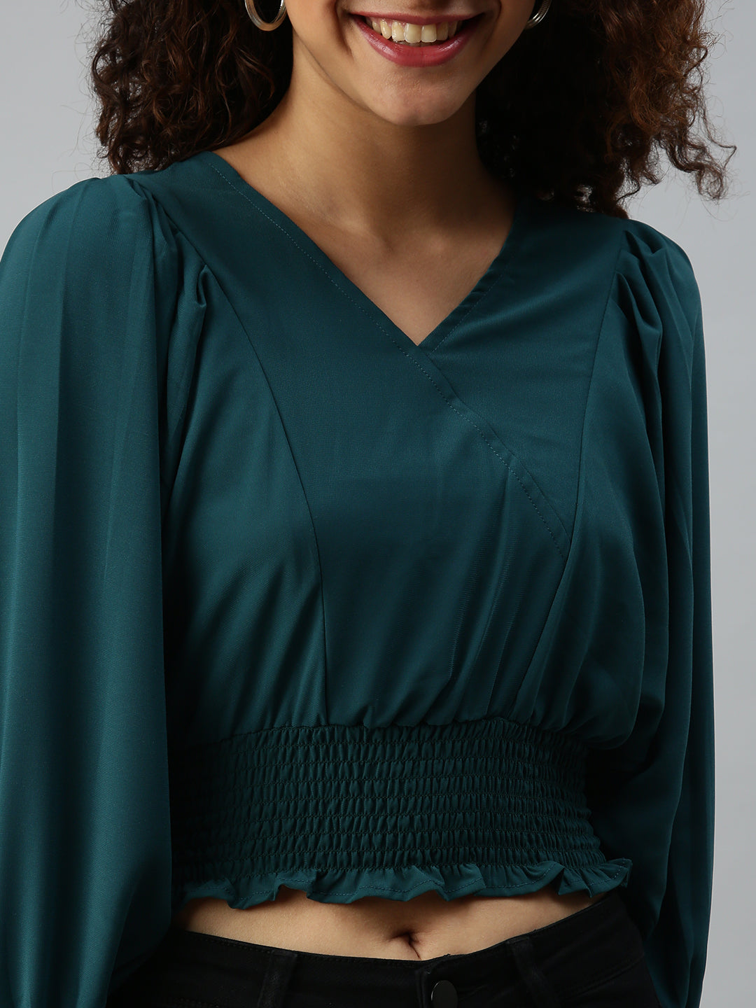 Women's Green Crepe Blouson Crop Top