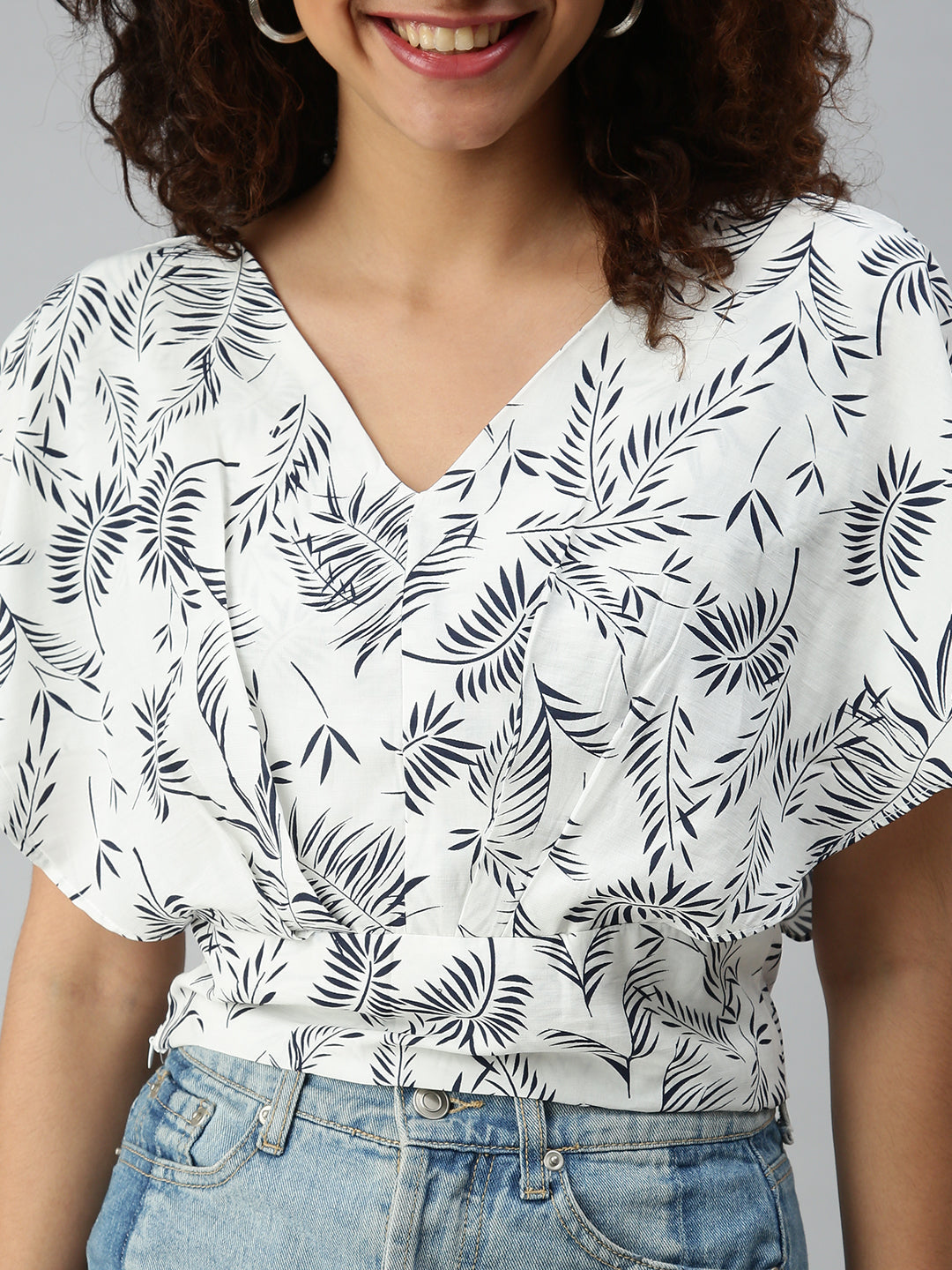 Women's White Floral Print Tropical Crepe Top