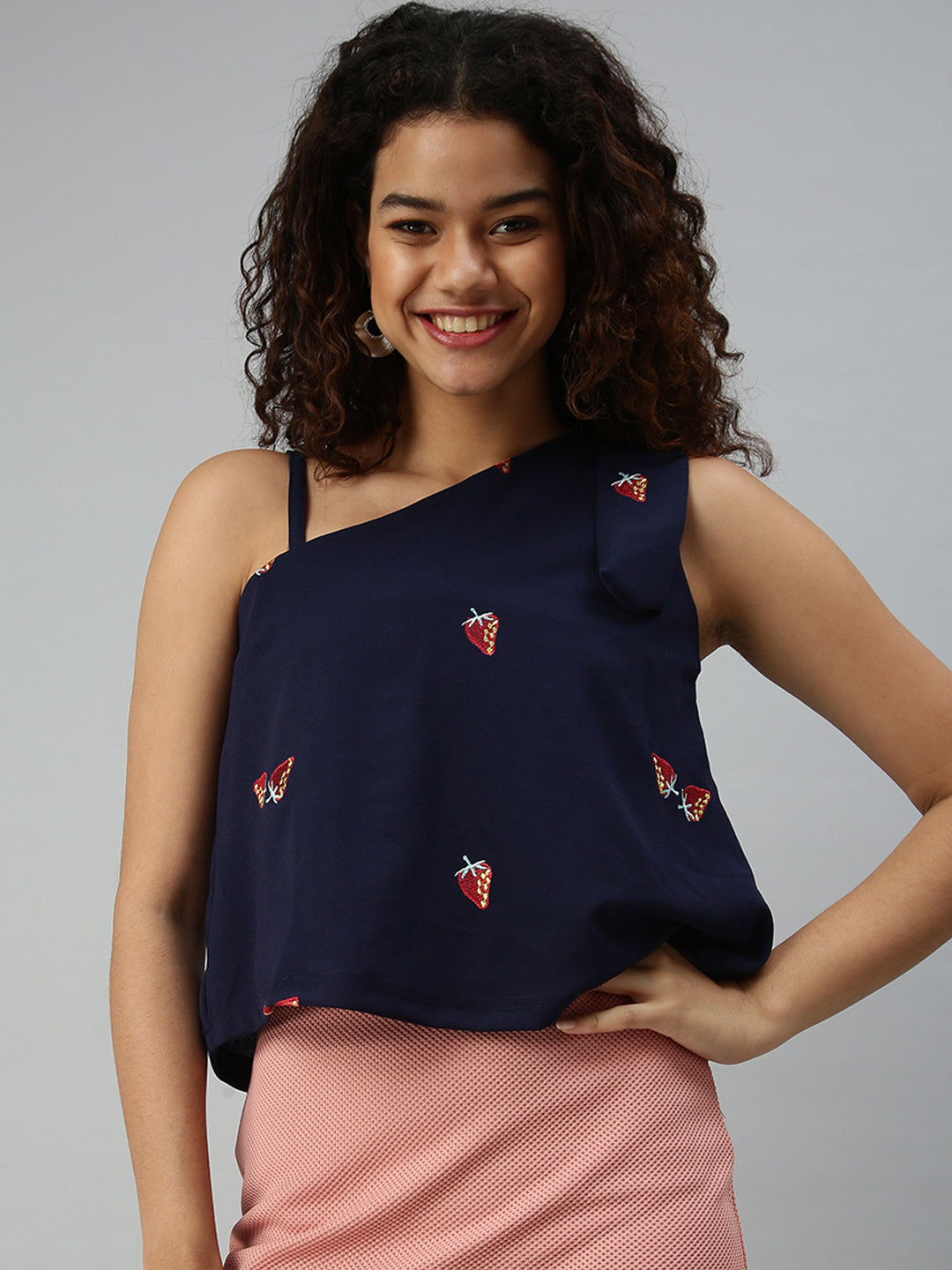 Women's Navy Blue Embellished One Shoulder Top