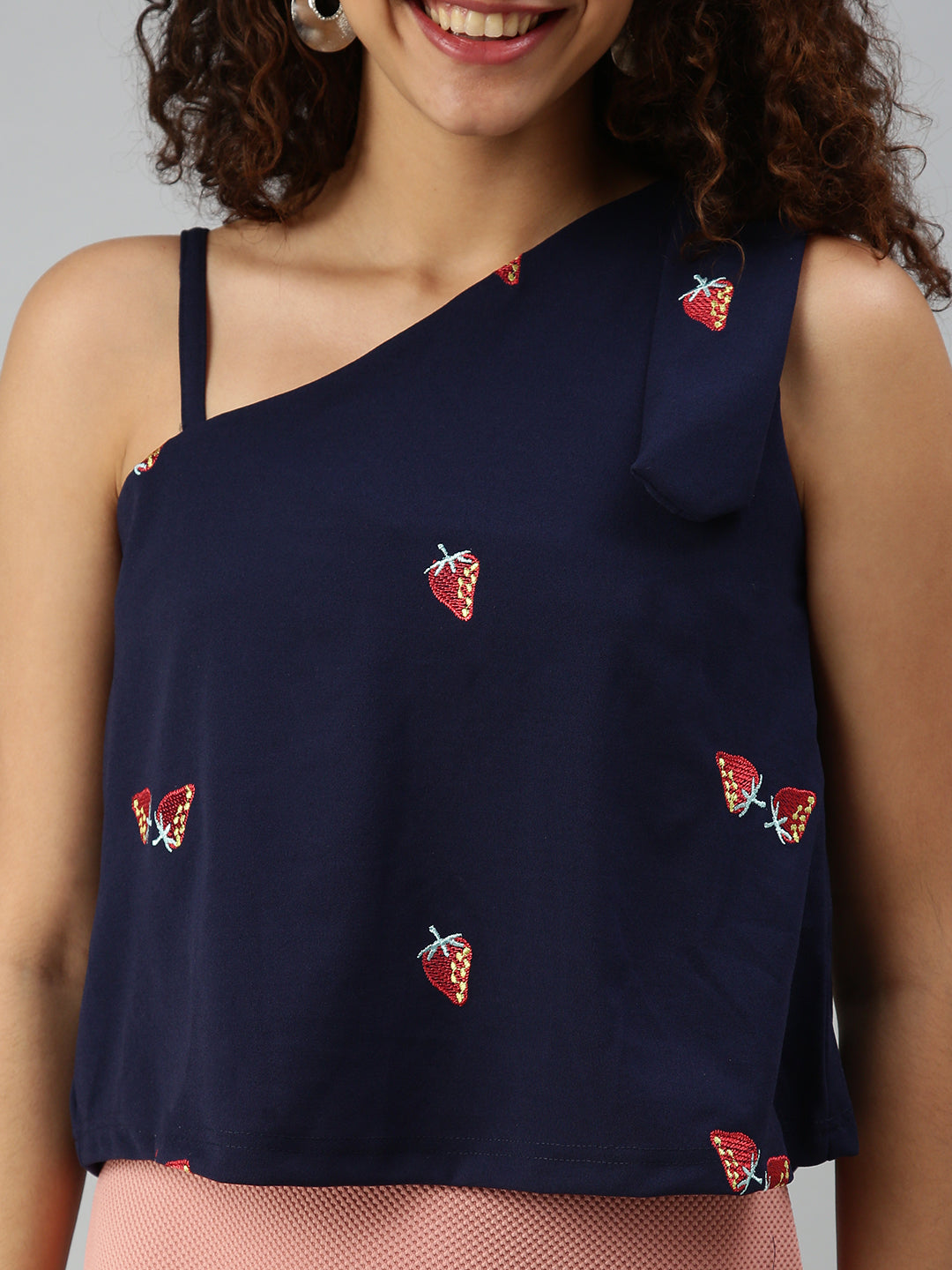 Women's Navy Blue Embellished One Shoulder Top