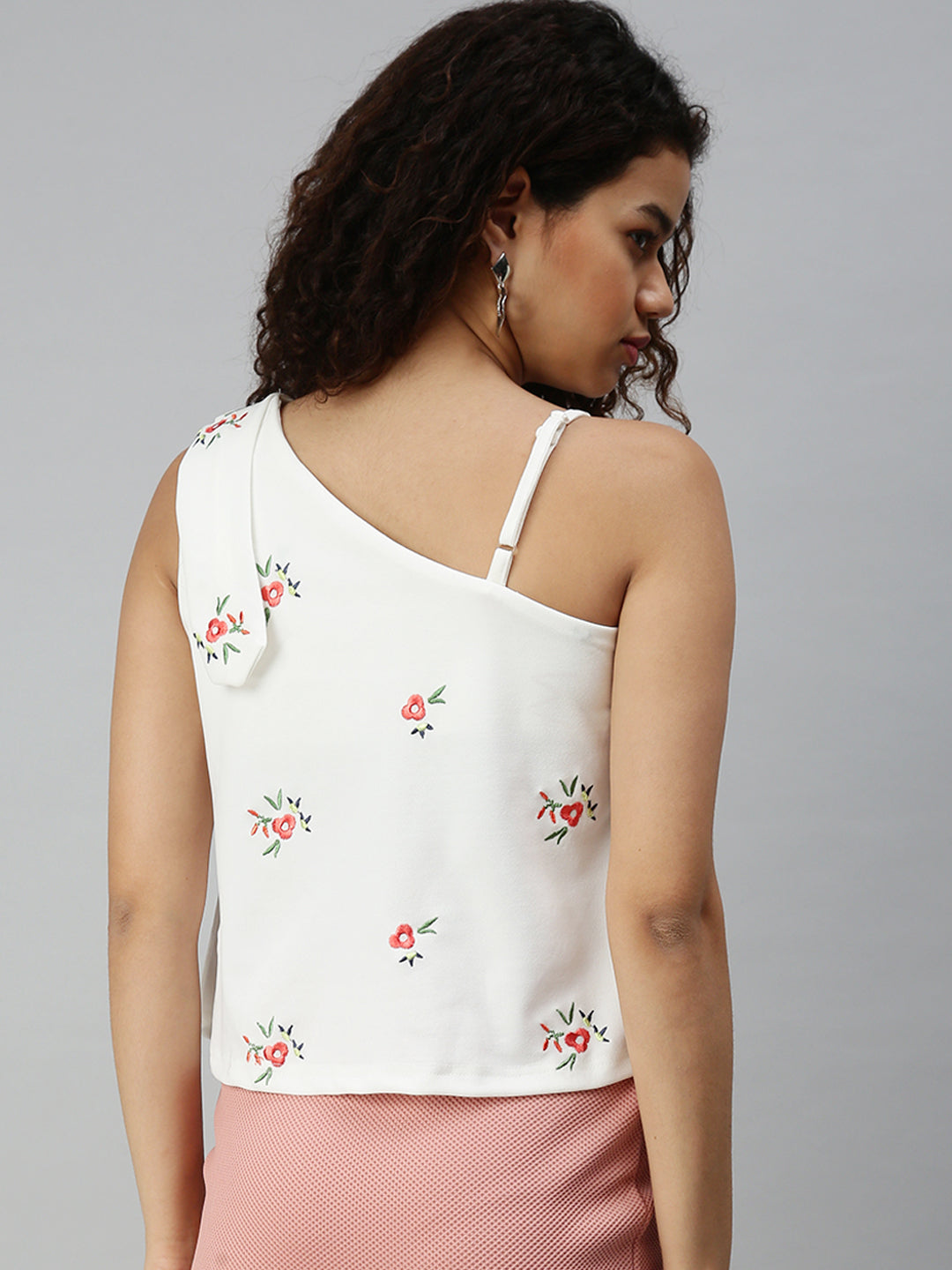 Women's White Floral Embroidered One Shoulder Top