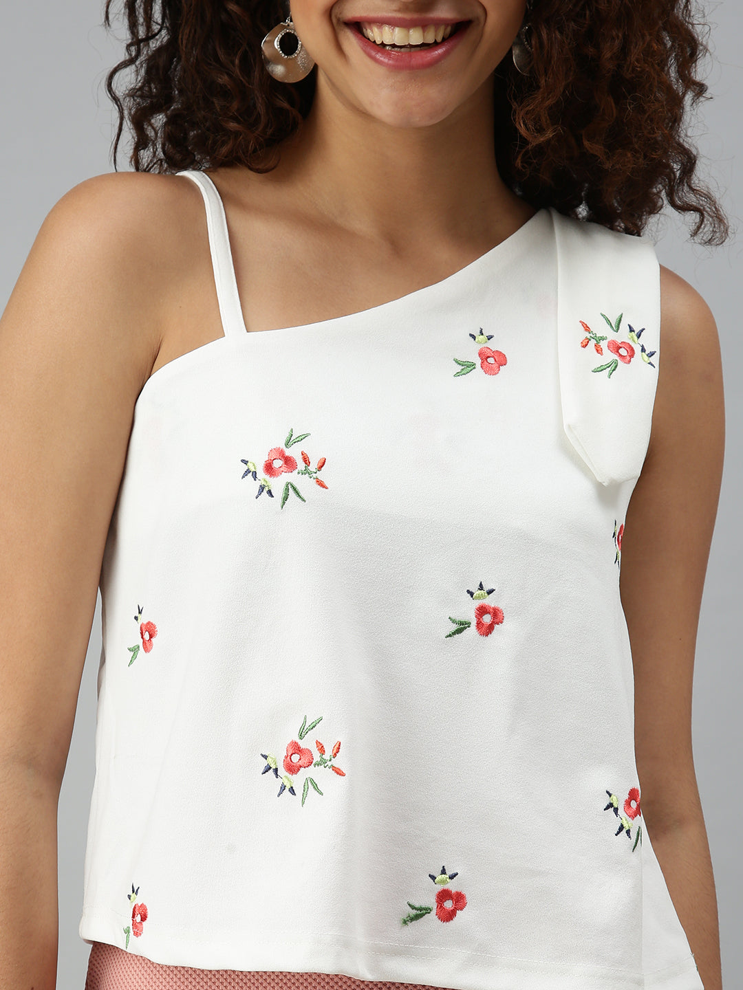 Women's White Floral Embroidered One Shoulder Top