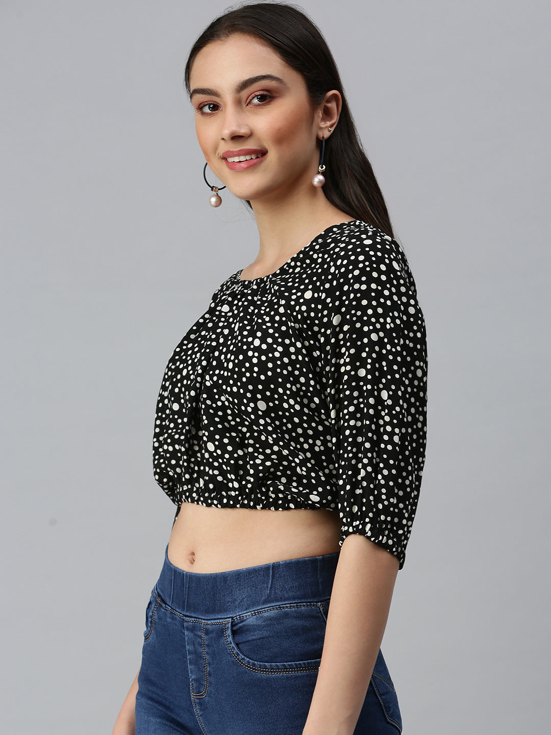 Women's Black Geometric Print Georgette Blouson Crop Top