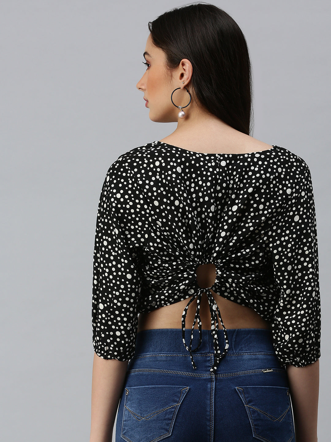 Women's Black Geometric Print Georgette Blouson Crop Top