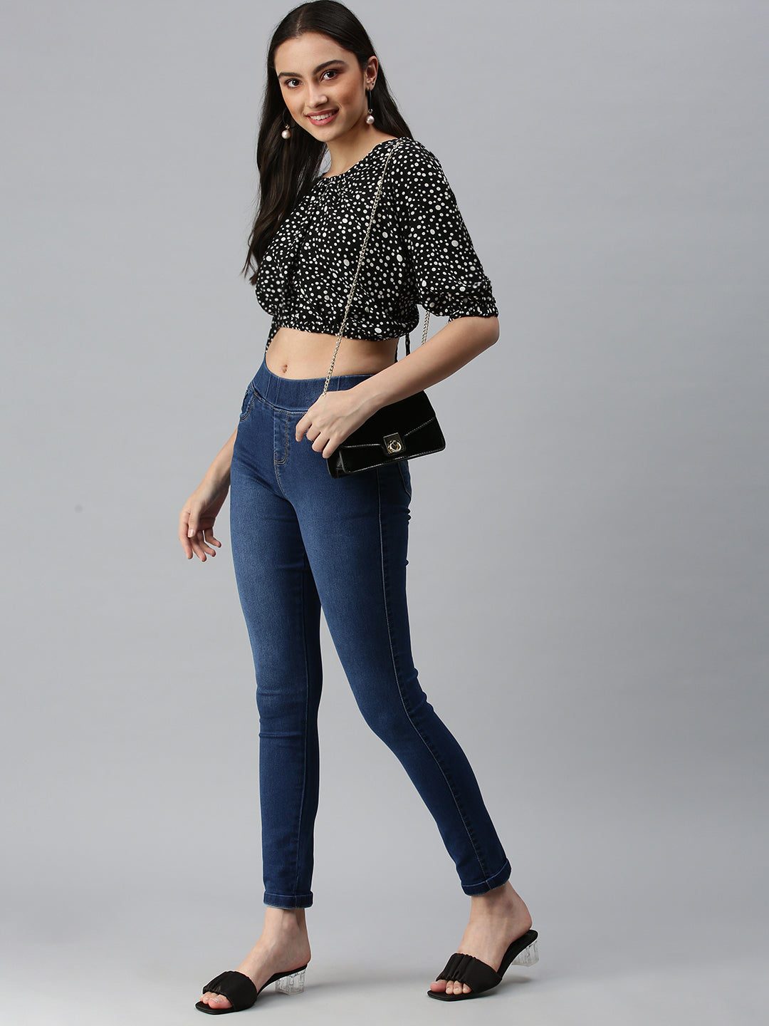 Women's Black Geometric Print Georgette Blouson Crop Top