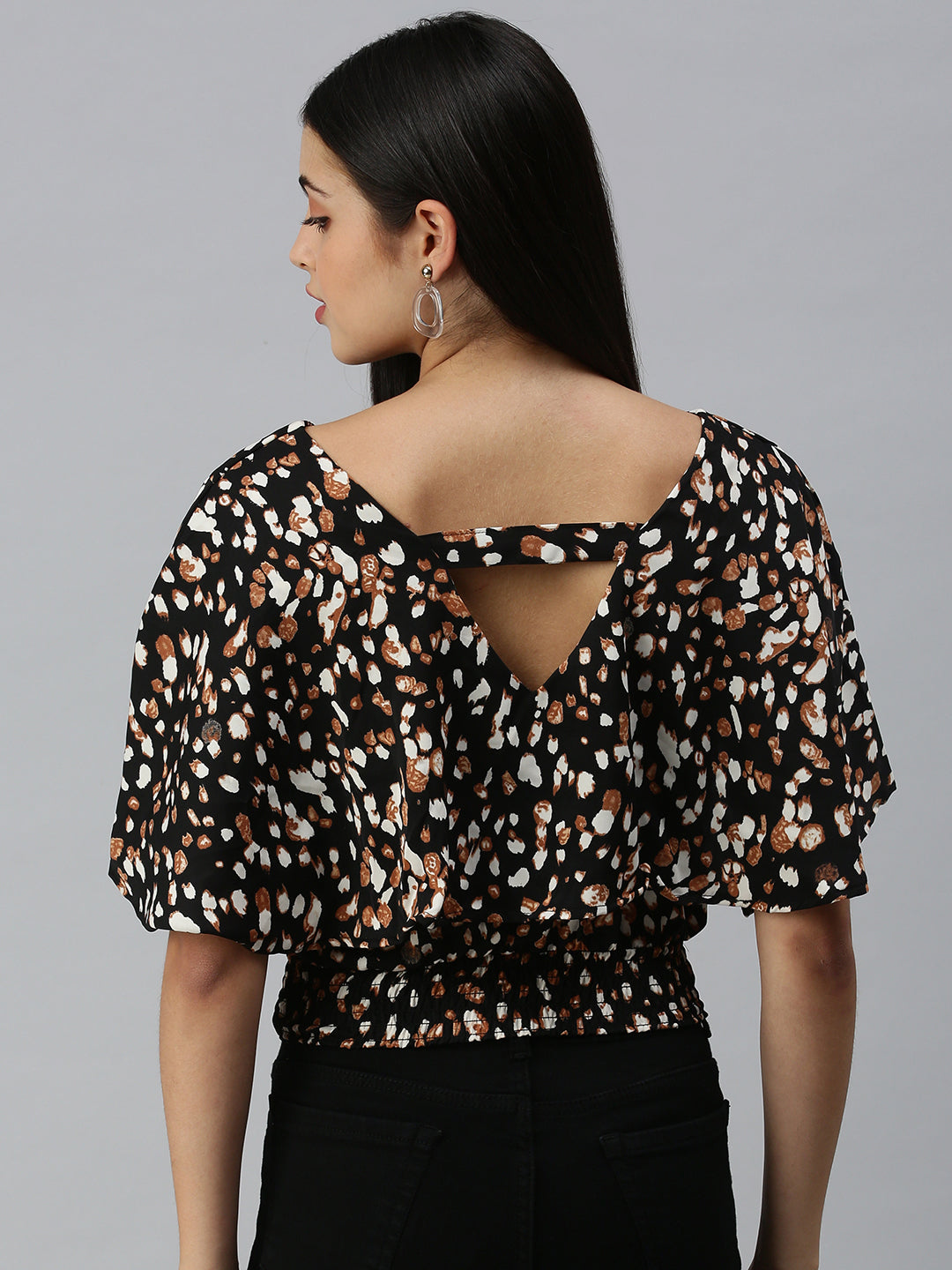 Women's Black Animal Print V-Neck Flared Sleeves Printed Top