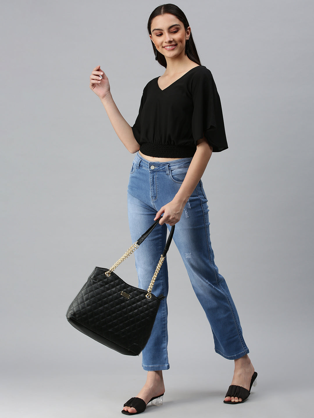 Women's Black Smocked Crepe Blouson Crop Top