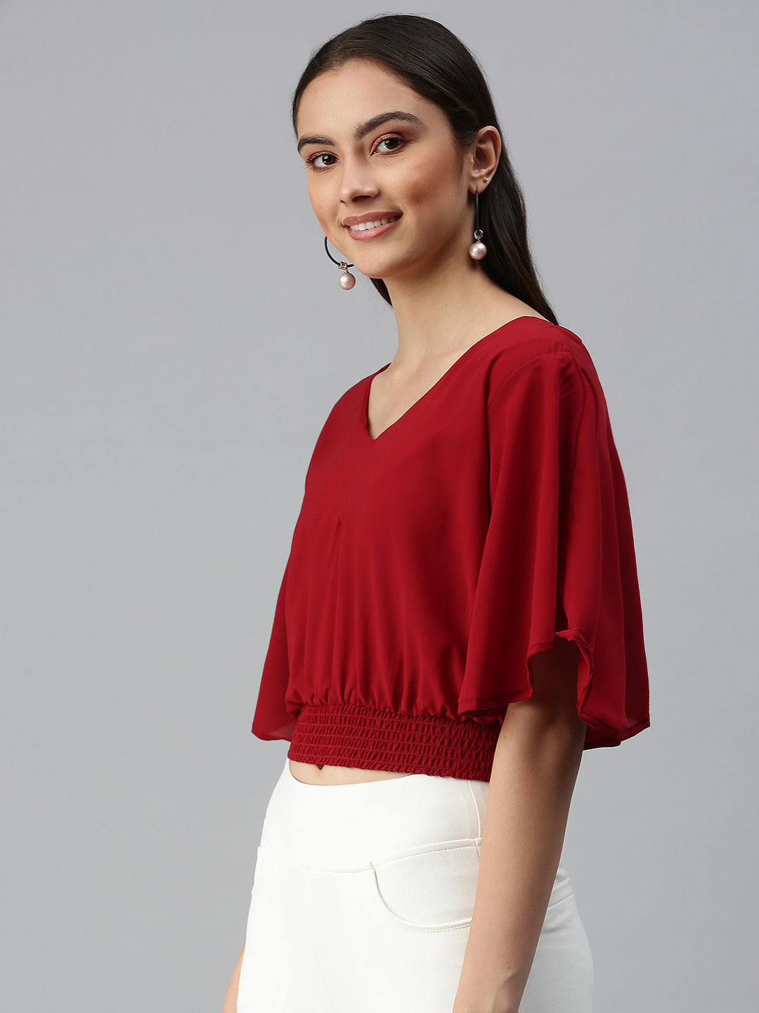 Women's Maroon Smocked Crepe Blouson Top