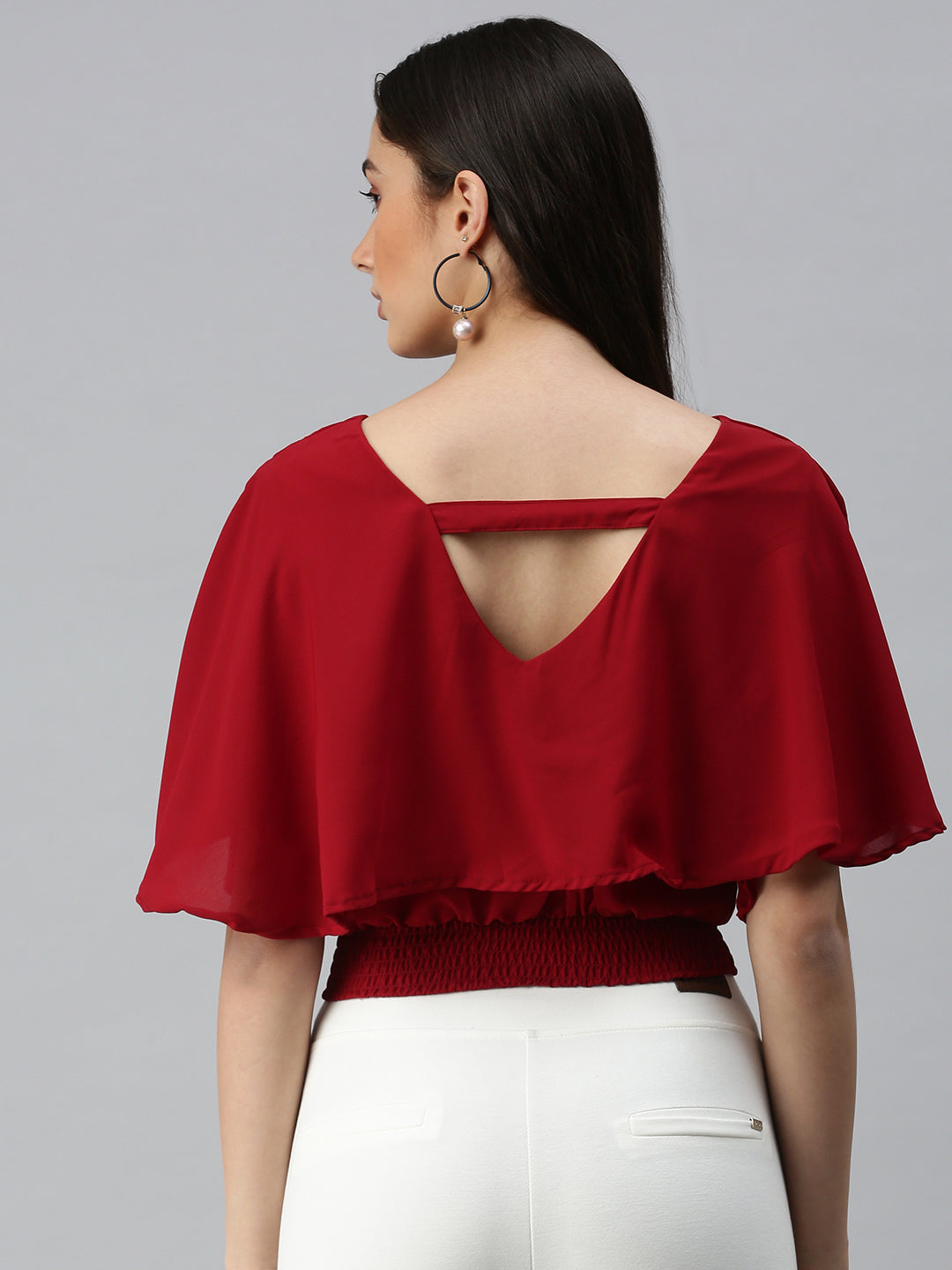 Women's Maroon Smocked Crepe Blouson Top