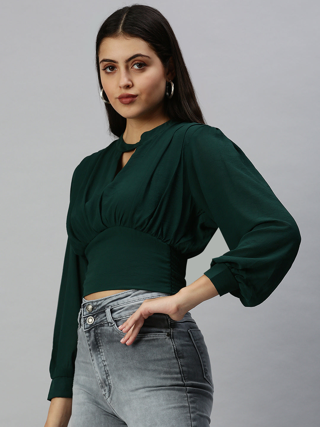 Women's Green Keyhole Neck Georgette Empire Crop Top
