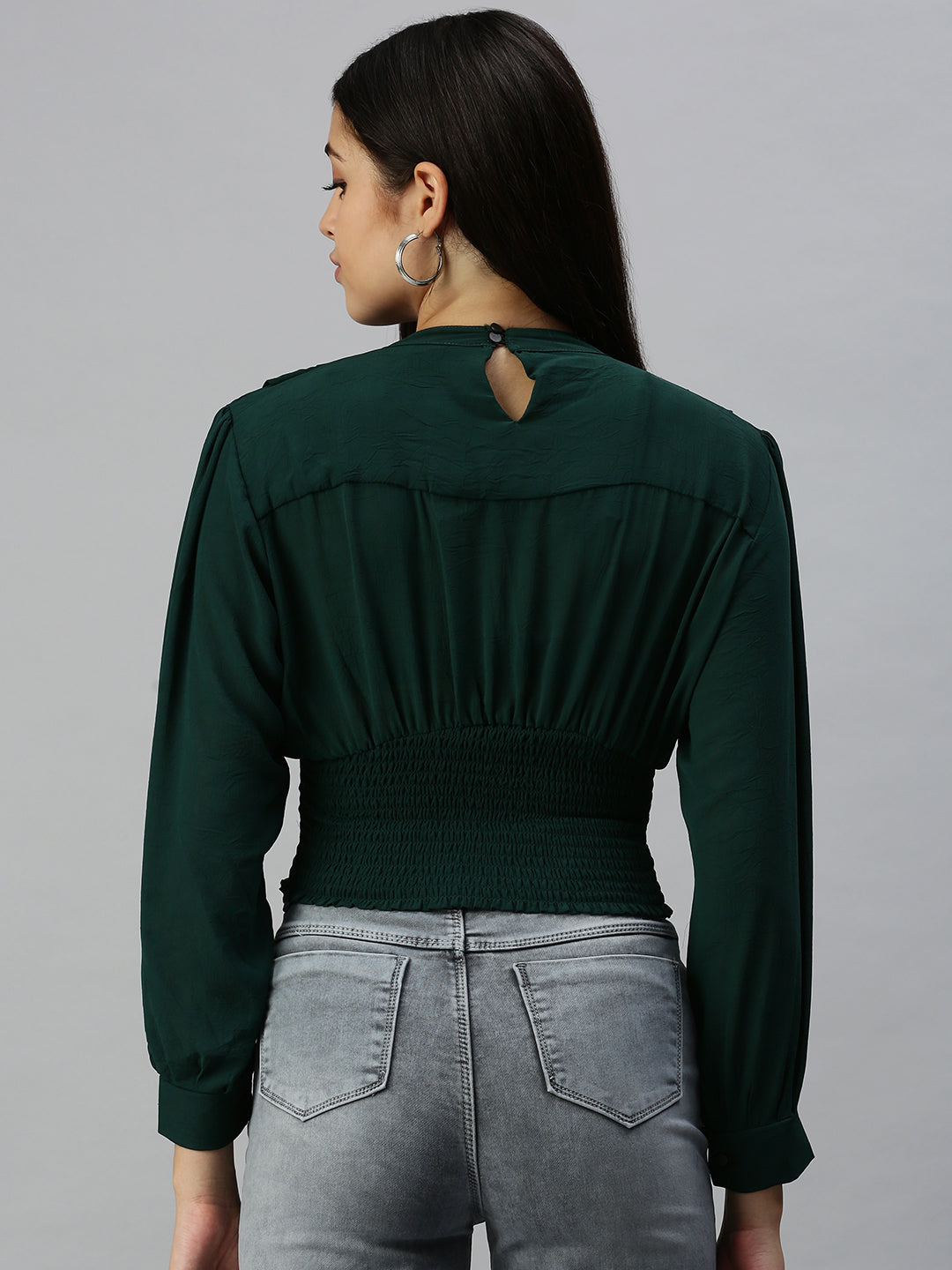 Women's Green Keyhole Neck Georgette Empire Crop Top