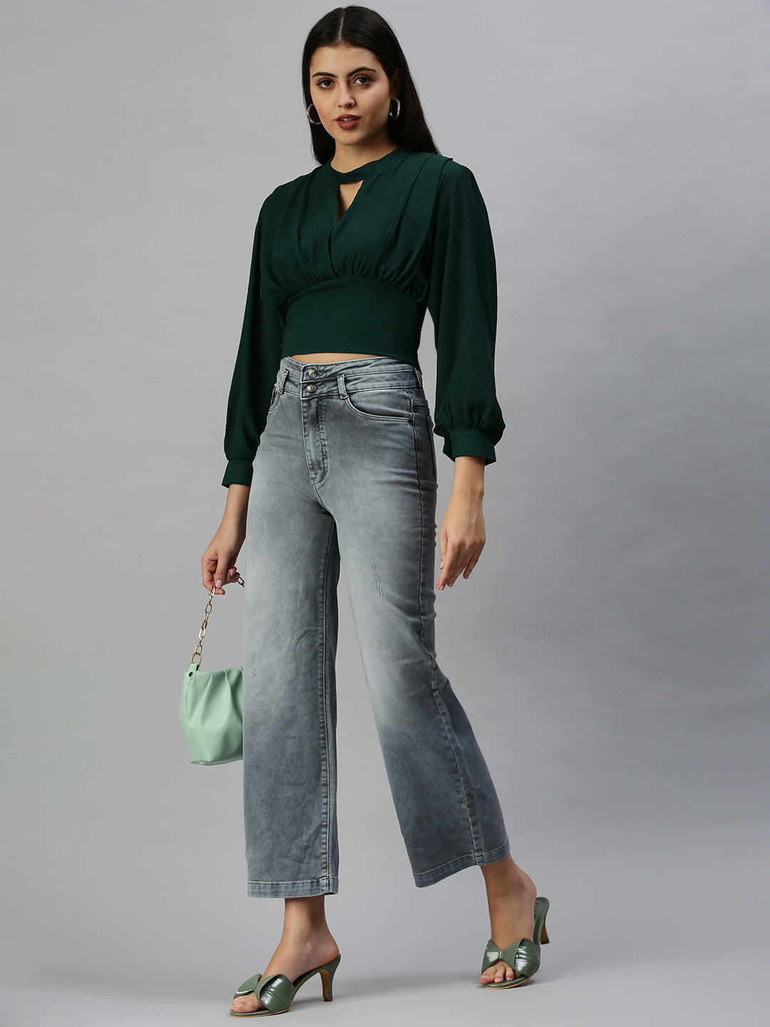 Women's Green Keyhole Neck Georgette Empire Crop Top