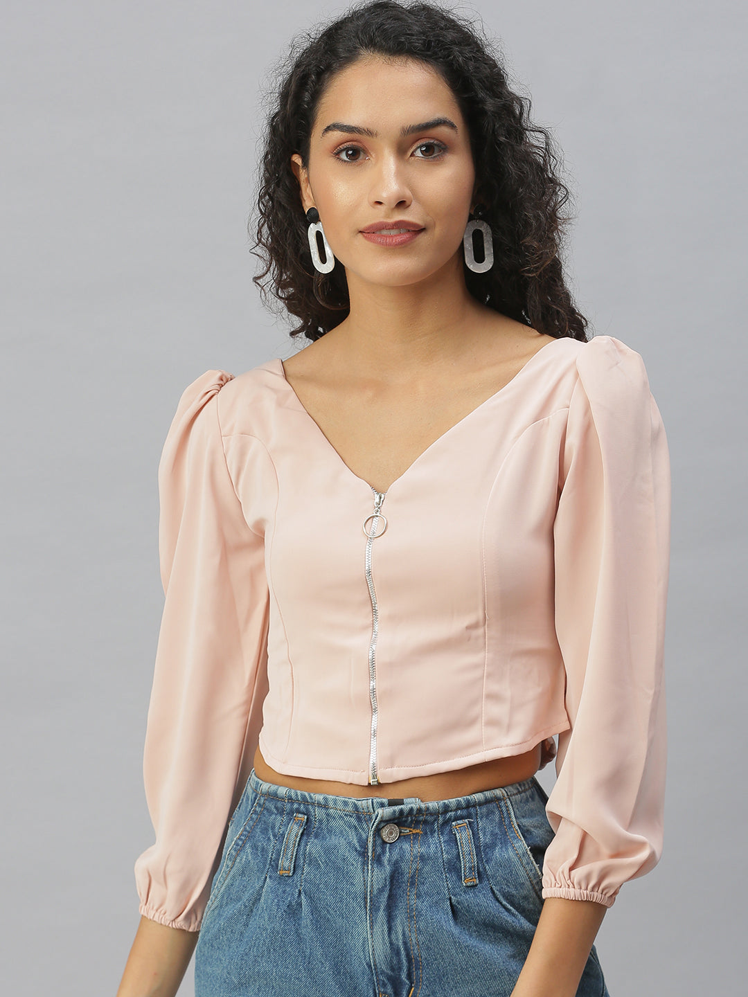 Women's Peach V-Neck Crepe Crop Top