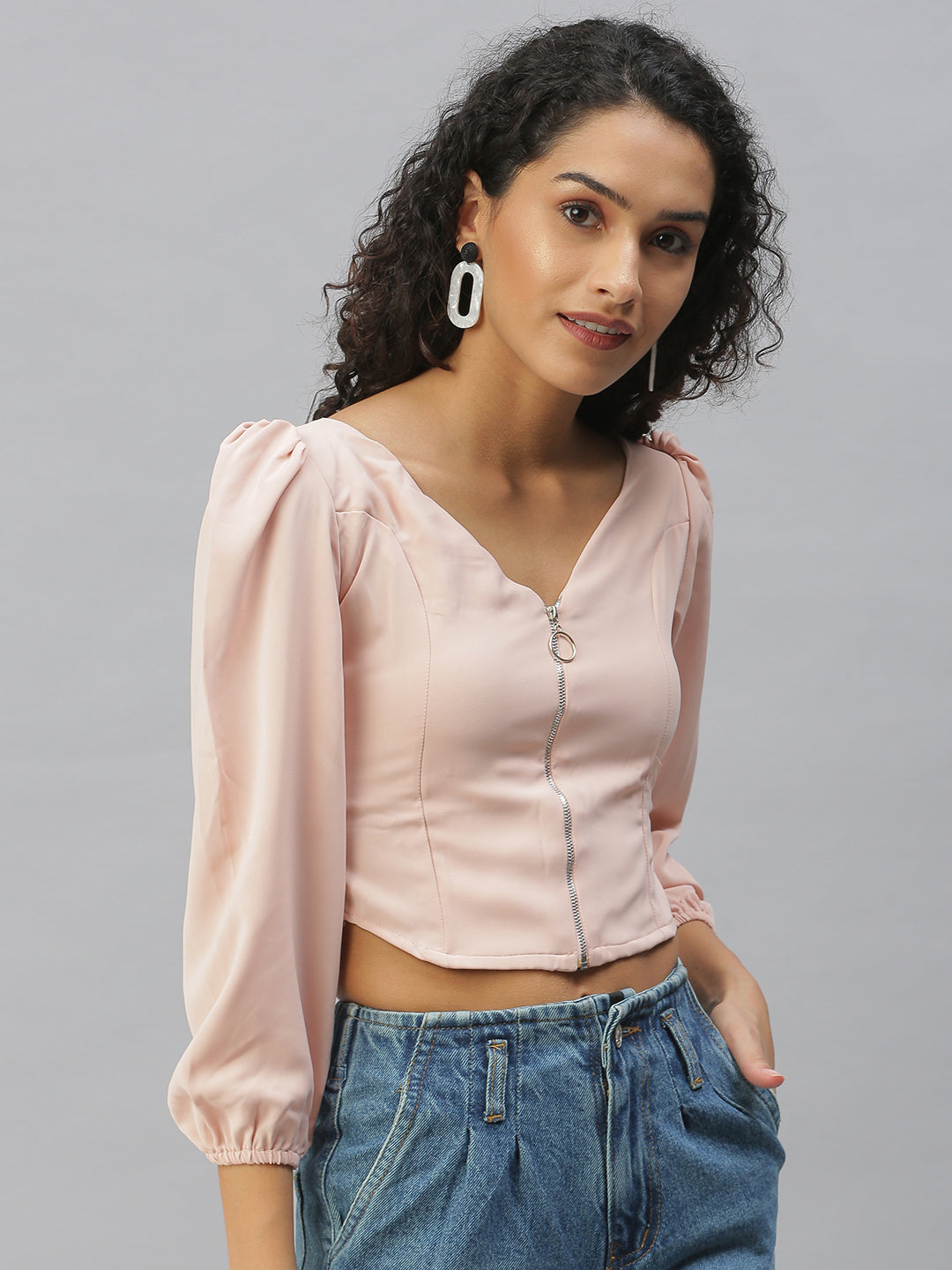 Women's Peach V-Neck Crepe Crop Top